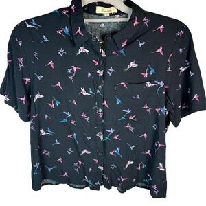 Black Short Sleeve Button Up Shirt Hummingbirds‎ in Pinks, Blues, & Purples